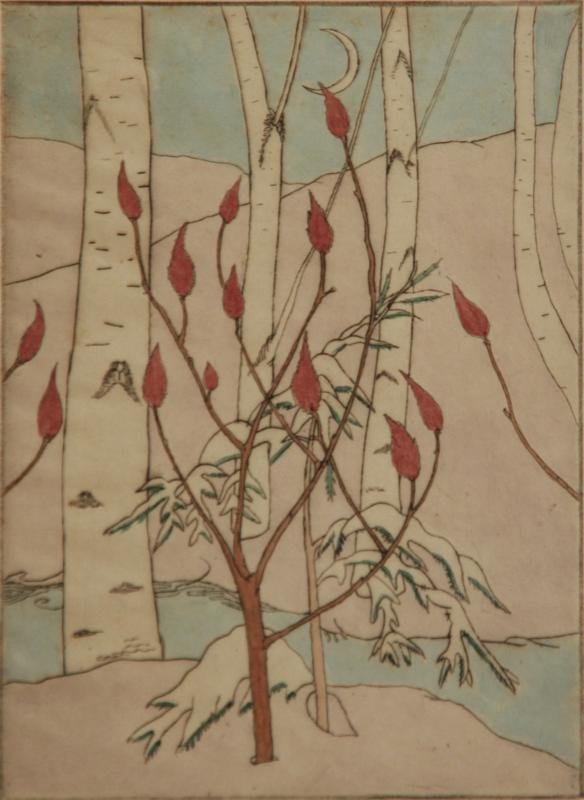 Rosella Hartman (1894-1984): Trees in Winter, c. 1940, Hand Colored Etching, 7.5" x 5", SLR, Ed. 2/30, Framed.