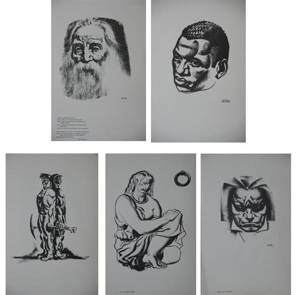 Hugo Gellert (1892-1995): LOT OF 5: Heroes Series, c. 1950, Lithograph on Laid Paper, 17" x 11" each, Three Signed in Plate LR, Unframed. Walt Whitman, Ludwig Van Beethoven, Paul Robeson, Two Workers and Slave.
