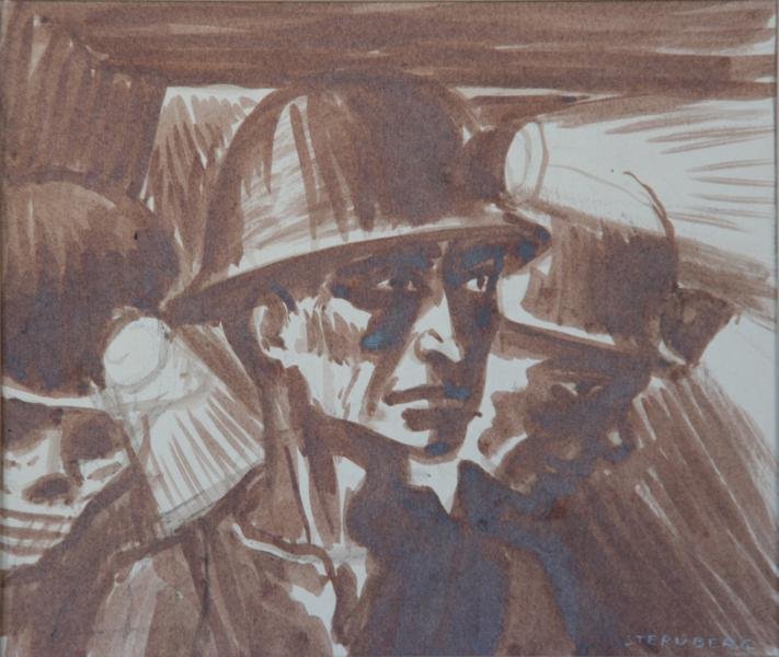 Harry Sternberg (1904-2001): Miners, c. 1940, Brown Ink on Paper, 7" x 9", SLR, Unframed.