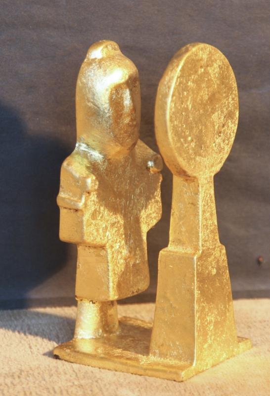 Sharon Wandel (20th Century): Reflection, c. 1990, Cast Bronze with Gold Leaf Patina, 5.25"H x 2.5"D x 2.5"W, Initialed on Base. Member National Academy of Design. Depicts woman with mirror.