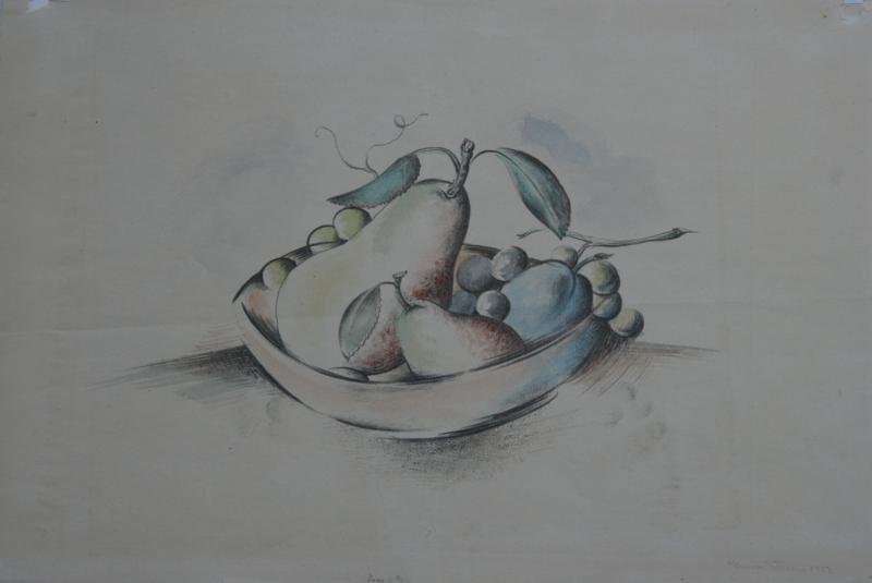 Konrad Cramer (1888-1984): Still Life with Pears, 1927, Mixed Media (Lithograph and Watercolor), 12" x 16.5", SLR, Unframed. Estate of Konrad Cramer. Rare. Glue residue extreme upper left and right corners.