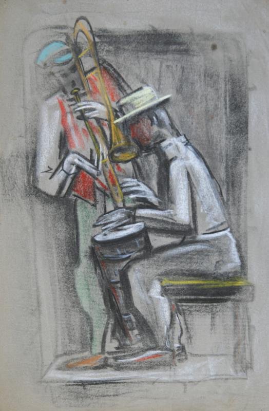 Albert Pels (1910-1998): New York Duo, c. 1970, Pastel on Laid Paper, 17" x 11.5", SLR, Unframed. Minor tears (repaired) left and lower right.