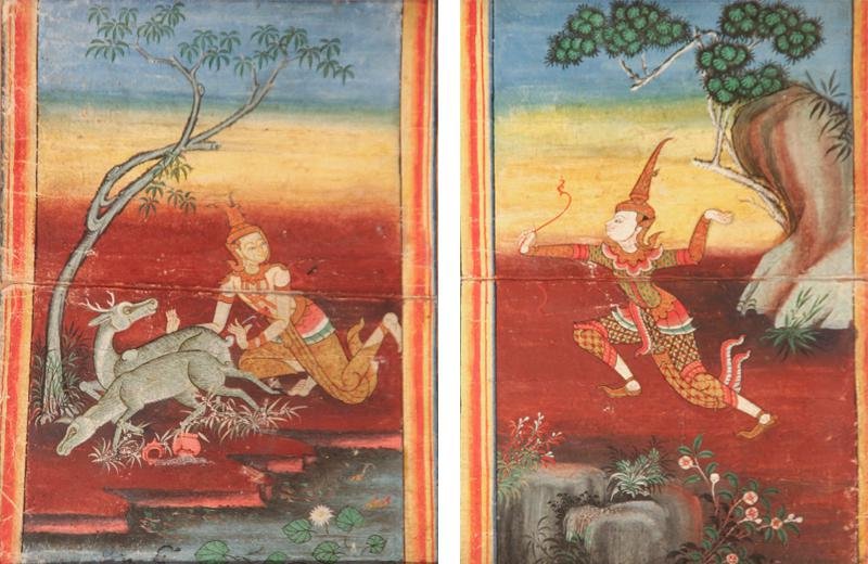 Unknown Thai Artist: Pair of Watercolors, Episodes in the Life of a God, Watercolor and Gold Leaf on Paper, 10.5" 8.5", NA, Unframed. Gallery label - Bangkok on verso.