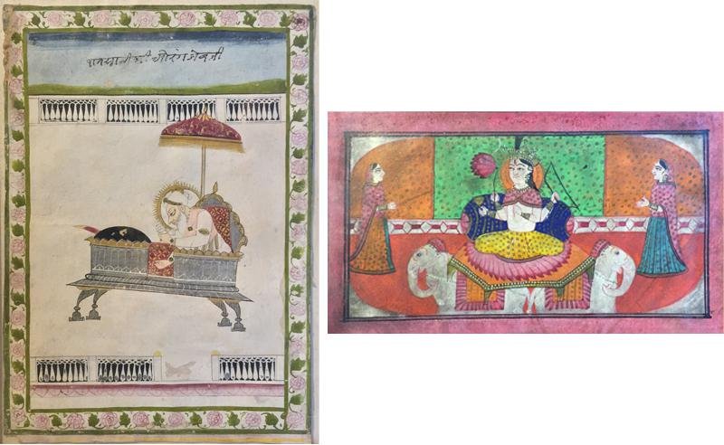 Unknown Indian: Pair of Miniatures: A. Godness with Attendants and Elephants, Early 20th Century, Gouache on Paper, 3" x 5.5", NA, Framed B. Scholar on Settee, 19th Century, Gouache on Paper, 8" x 6", NA, Framed. Kas