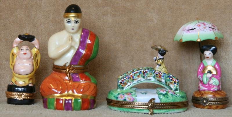 Limoges: Lot of Four Porcelain Boxes - Asian Motif, 20th Century, Hand Painted Porcelain, 2" - 3" High, All Signed on Bottom.