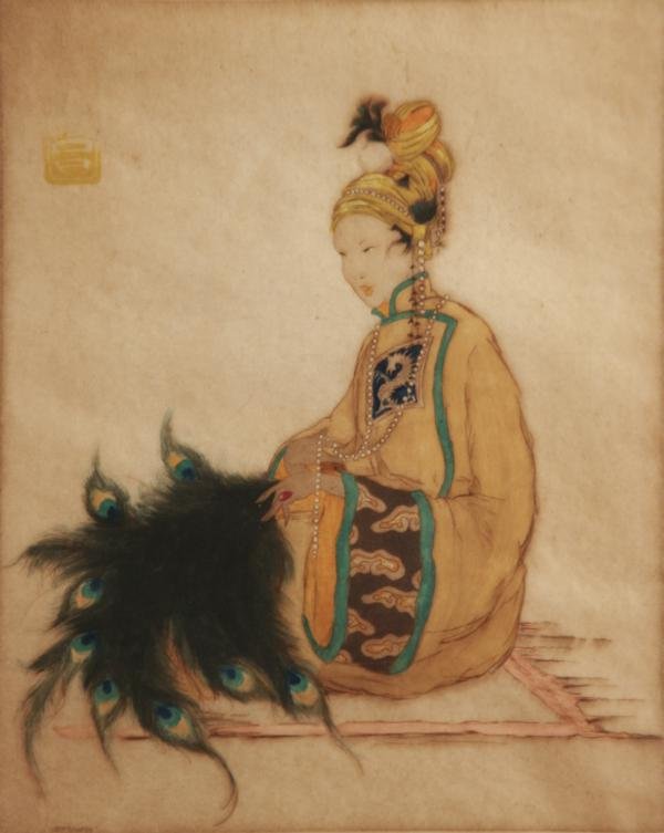 Dorsey Potter Tyson (1891-1969): Elegant Female, c. 1930, Hand Colored Etching, 11" x 9", SLR and LL in Image, Framed.