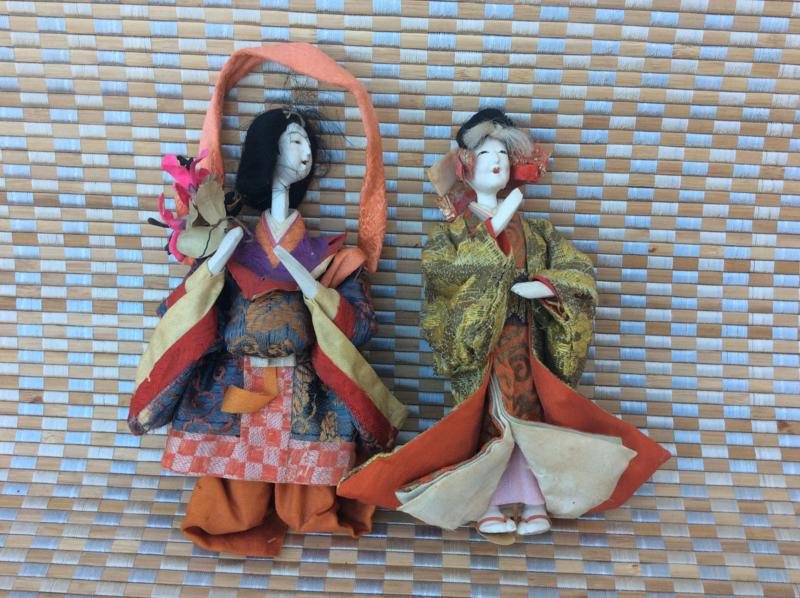 Unknown Japanese: Two Dolls, c. 1950, Carved Wood and Fabric, Approximately 6" (both), NA. Normal aging and wear.