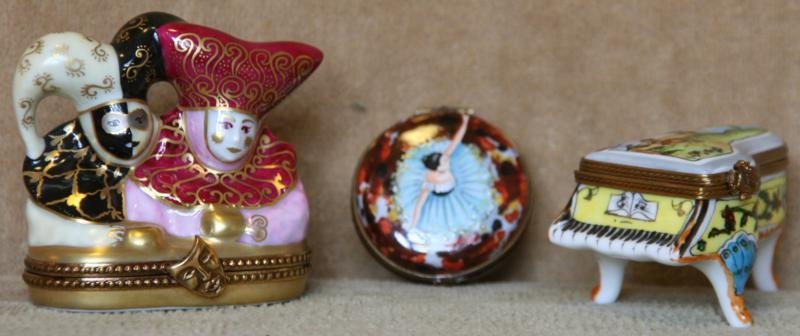 Limoges: Lot of Three Porcelain Boxes - Music and Theater Theme, 20th Century, Hand Painted Porcelain, Approximately 2" High each, All Signed on Bottom. Harlequinn, Piano and Ballet