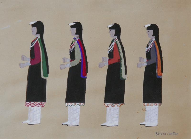 Unknown Navajo Artist (Shora-iue--t'se): Indian Dancers, Tempra on Paper, 9" x 12", SLR (Shor-iue-t'se), Unframed.