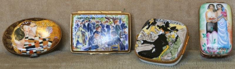 Limoges: Lot of Four Porcelain Boxes - Artist Theme (Klimpt, Gaugin, Lautrec and Renoir) 20th Century; Hand Painted Porcelain; Approximately 2" High; All Signed on Bottom.