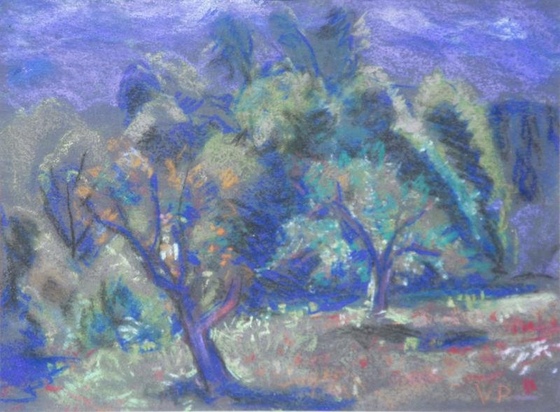 Vandeering Perine (1869-1955): Night Scene with Trees, c. 1940, Pastel on Dark Paper, 8.5" x 11", Initialed LR "VP", Framed.