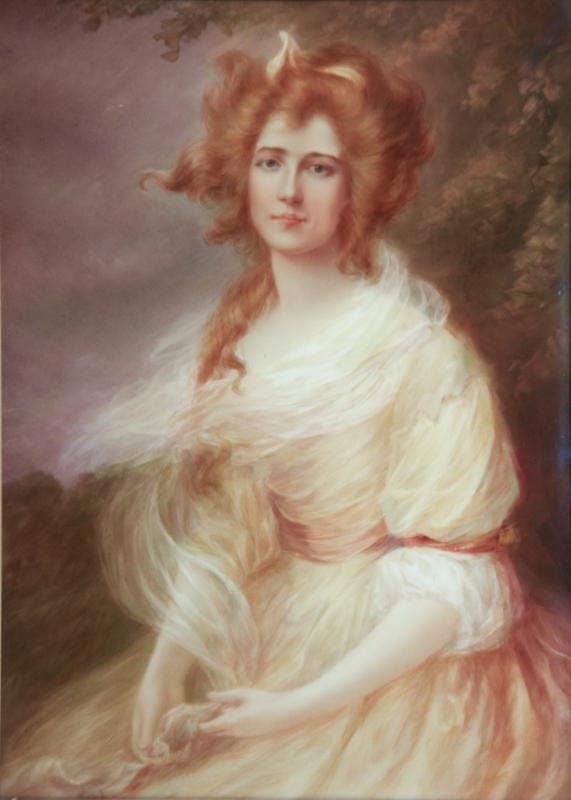 Lou Vance Phillips (American): Portrait of an English Lady, c. 1910, Hand Painted Porcelain, 17" x 12.5", NA, Framed. Artist was Grand Prize winner 1936 New York Worlds Fair. Inscribed on verso family history by artist's granddaugh