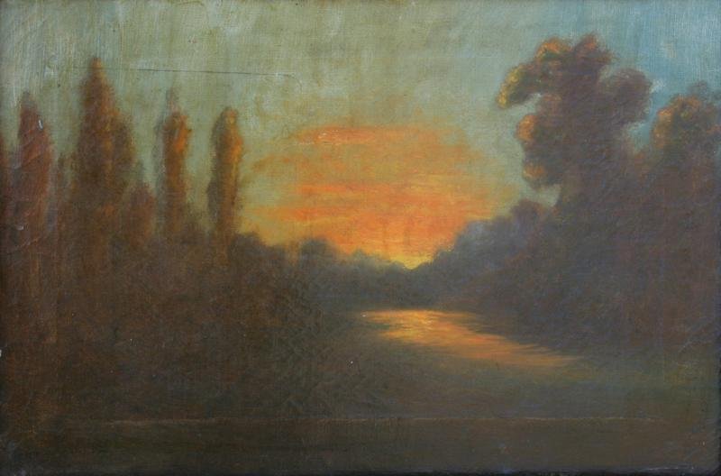 Unknown: Sunset with River, c. 1880, Oil on Canvas, 13" x 19", SLL, Framed. Signature indistinct.