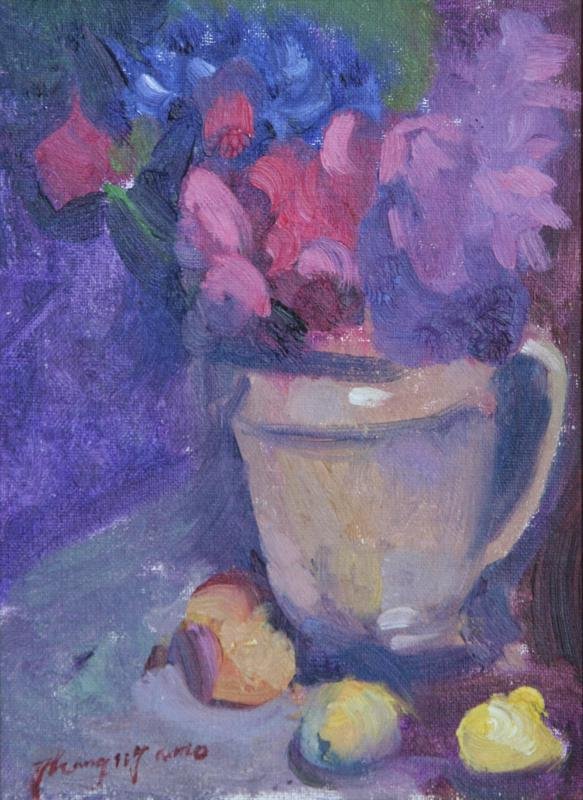 Hong Nian Zhang (b. 1947): Floral Still Life, c. 1995, Oil on Board, 8" x 10", SLL, Framed.