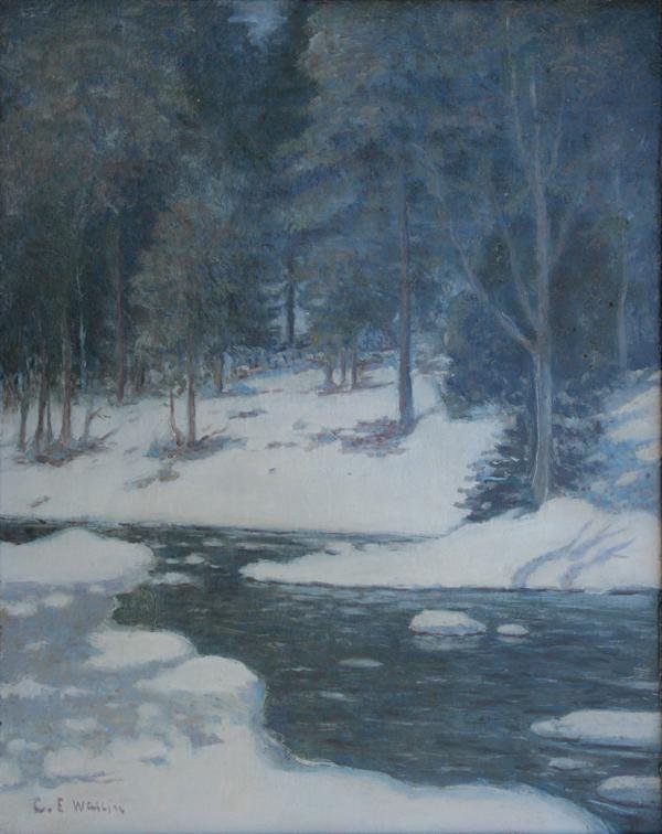 C.E. Wallin: Winter Stream, c. 1940, Oil on Board, 20" x 16", SLL, Framed.