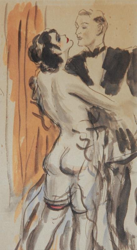 Unknown: Lovers, c.1920, Ink and Watercolor on Paper, 10" x 7", NA, Framed.