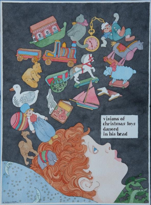 John Wallner (20th Century): Visions of Christmas Toys, c. 1970, Watercolor on Paper, 12" x 9", SLL, Unframed. Illustrator of children's books.