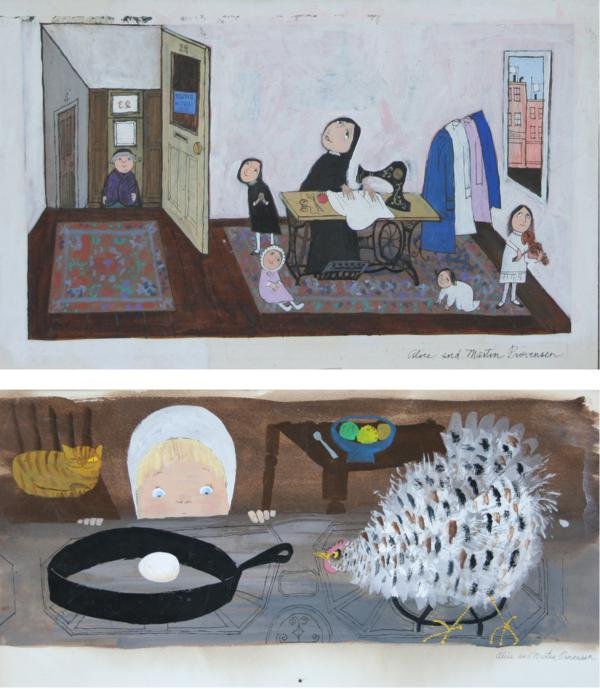Martin and Alice Provensen (20th Century): Lot of 2: c. 1965 (both) Ink and Gouache on Paper (both) A. Girl with Chicken on Table Top 10" x 18", SLR B. Lower East Side Interior, 7" x 12", SLR, Unframed (both). Important American illustrators.