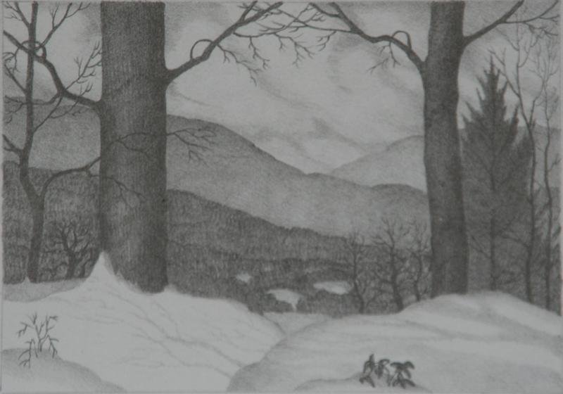 Clarence Bolton (1893-1962): Winter, c. 1940, Lithograph, 5" X 7", SLR, Ed. 11, Unframed. Catskills.