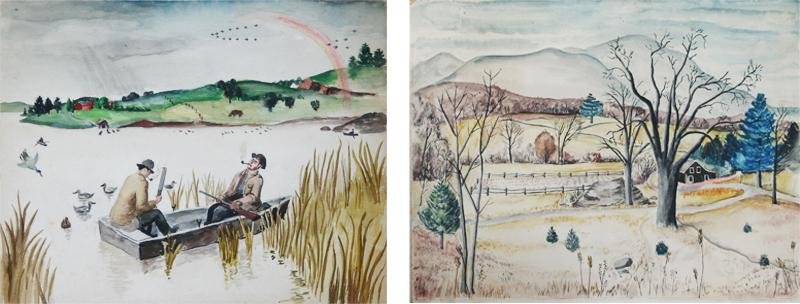 Arnold Blanch (1896-1968): Pair of Watercolors on Board, A. Woodstock Scene with Catskill Mountains, 1920, 11" x 14", SLR B. Hunters in a Rowboat, 9" x 11", NA, Unframed (both). Scene with hunters is basis for a lithograph.