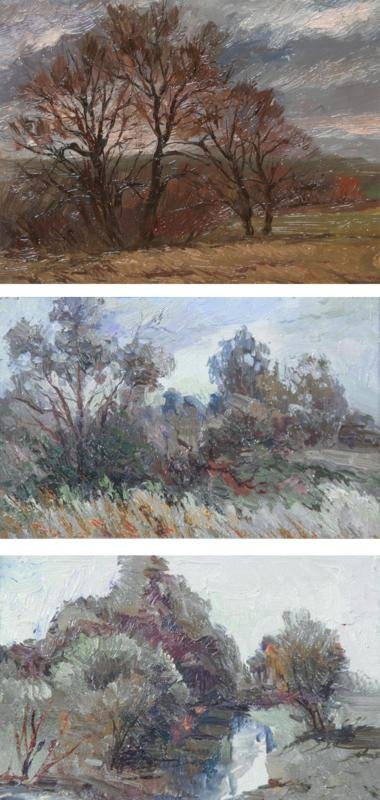 Ury Karel'sky (Russian?): Lot of 3: A: Near my Home, 2000, 8" x 8.75", Signed and Titled on Verso; B: The Autumn, 2000, 8" x 8.75", Signed and Titled on Verso; C: August Day, 1999, 8" x 8.74", Signed and Titled on Verso. Unfra