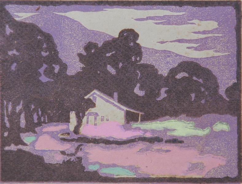 Agnes Baskin (20th Century): Catskill Mountain Homestead, c. 1930, Woodblock Print in Colors, Ed. NA, 5.75" x 7.75", SLR, Framed. Wife of Otto Bierhals.