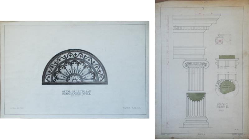 Agnes Baskin (20th Century): Pair, Architectural Designs, Ink and Watercolor on Paper (both), A. Ionic Column, c. 1925, 20" x 13", SLR B. Italian Grill - Lunett, c. 1925, SLR, Unframed.Reserve