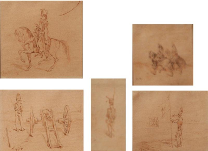Denis Auguste Marie Raffet (1804-1860): Five Studies of French Soldiers, c. 1845, Brown Ink and Wash, Various Miniature Sizes, All Signed, Framed. All framed together in French mat and frame.