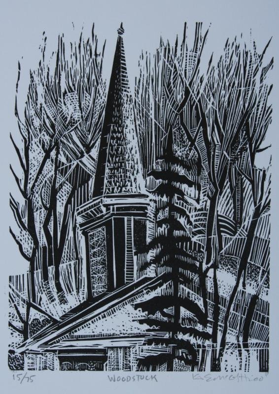Kate McGloughlin (20th Century): Woodstock, 2000, Wood Cut, 8.5" x 6", SLR, Ed. 15/75, Unframed. Woodstock Dutch Reformed Church.