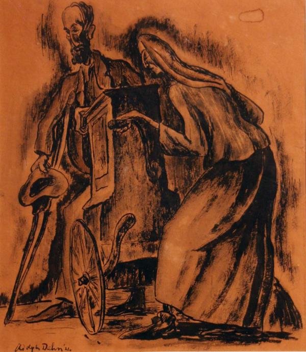 Adolf Dehn (1895-1968): Hurdy Gurdy, 19221, Ink on Paper, 15 1/2" x 13 1/2", SLL, Unframed. Buff colored paper. Small water stain UR corner