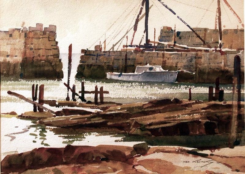 Ted Kautsky (1896-1953): Wharf, c. 1955, Watercolor on Paper, 13" x 19", SLR, Framed.