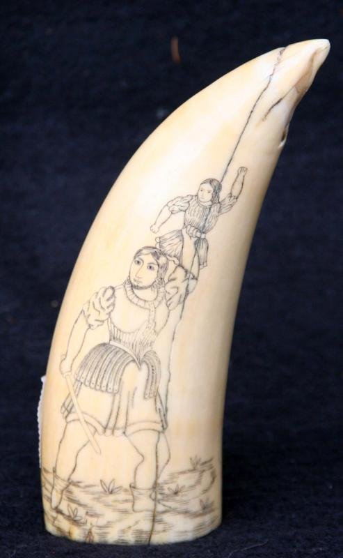 Unknown: Amazon Warrior Scrimshaw Tooth, 19th C, Engraved Whale's Tooth, 5 1/2" x 2", N/A, Unframed. Finely engraved depiction of a victorious Amazon warrior holding a small female aloft. Provenance: collectio