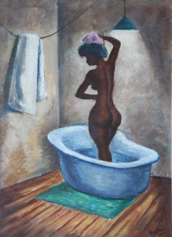 Maurice I. Bilton (Active 1930-1955): Negro Bather, c. 1940, Oil on Paper, 14" x 10", SLR, Framed. Inscription on verso: M.F. Bilton Photoengravers Union #1.