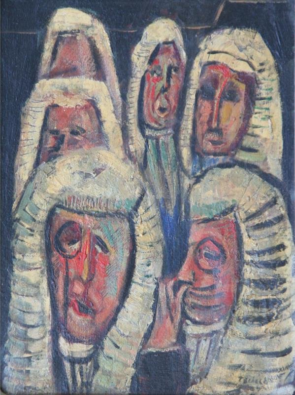 Nahum Tschacbasov (1899-1984): Six Judges, c. 1945, Oil on Mahogany Panel, 12" x 9", SLR, Framed.