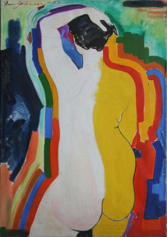 Ben Johnson (1902-1967): Posing Nude, 1957, Oil on Canvas, 50" x 35", Signed & Dated UL, Unframed.