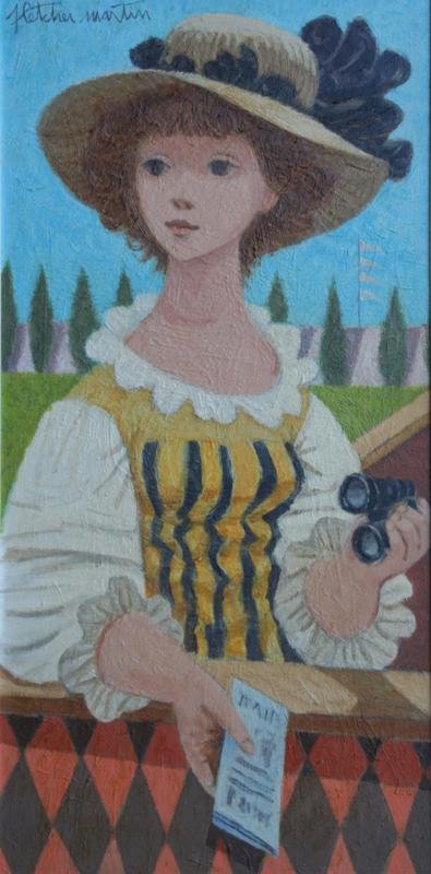 Fletcher Martin (1904-1979): The Spectator (Day at the Races), 31" x 16", SUL, Framed. Rudolph Galleries label on verso. Reserve.