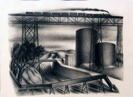 Albert Heckman (1893-1971): Bridge at Poughkeepsie, c. 1930, Lithograph, 13 1/2" x 18", Framed. Railroad bridge is now the Walkway Over the Hudson New York State Park.