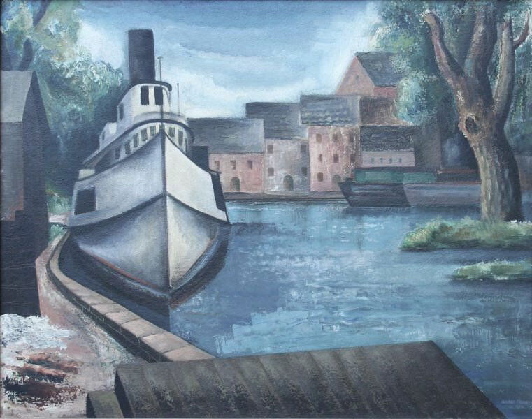 Konrad Cramer (1888-1963): Saugerties Night Boat, 1930, Oil on Board, 24" x 30", Signed & Dated LR, Framed. Dudensing Galleries 5 E 57th NYC stamp of verso. Signed & Titled on verso. Reserve.