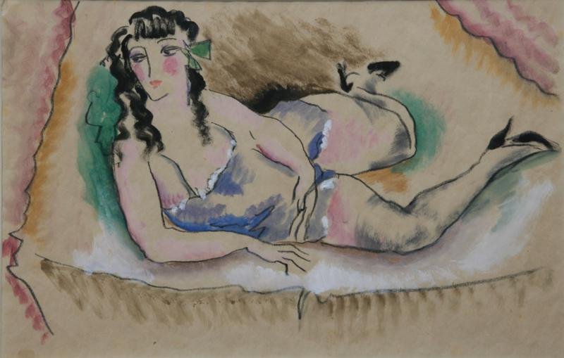 Konrad Cramer (1888-1963): Modern Woman Reclining, c. 1935, Gouache & Crayon on Paper, 11 1/2" x 18", Estate Stamp on Verso, Framed.