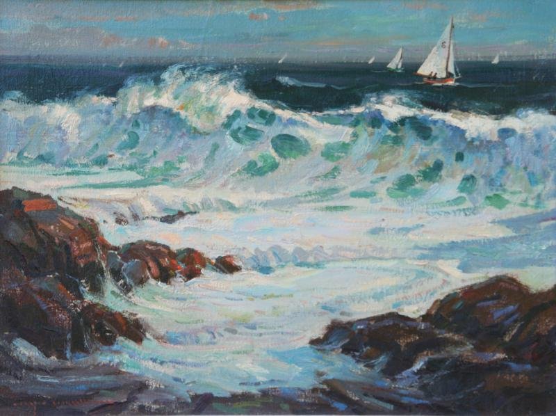 Wayne Morell (1923-2013): Incoming Surf, c. 1980, Oil on Canvas, 18" x 24", SLL, Framed. Newman Gallery label on verso.