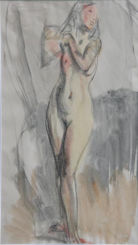 Attributed to Robert Henri (1865-1929): Standing Nude, c. 1920, Watercolor and Pencil on Paper, 4 1/2" x 11 1/2", SLC, Framed. Provenance: collection of Julian Foss. Mongerson-Wunderlich Gallery, Chicago, label on verso.