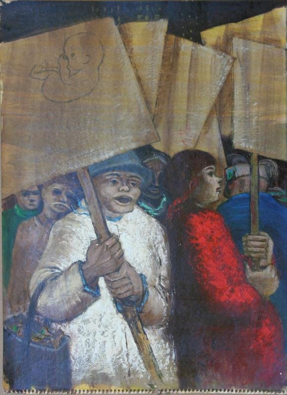 Albert Pels (1910-1998): Protesters, c. 1980, Oil on Paper, 20" x 15", SLR, Framed.