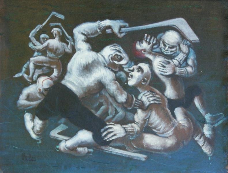 Albert Pels (1910-1998): Hockey, c. 1980, Oil on Canvas, 14" x 17 1/2", SLL, Framed. Titled on verso.