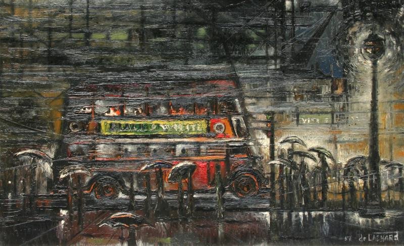 Regis de Cachard (b. 1929): Rainy Night in London, 1957, Oil on Canvas, 24" x 36", SLR, Framed.