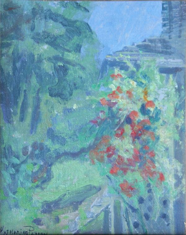 Katharine Patton (d. 1941): Rose Trellis, c. 1925, Oil on Canvas, 10" x 8", SLL, Framed. Newman Galleries, Philadelphia, label on verso.