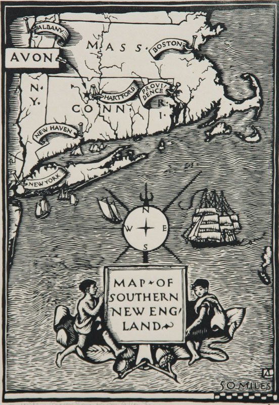 Allen Lewis (1873-1957): Map of Southern New England, c. 1915, Woodcut, 8 1/2" x 6" (image) SLC, Unframed.