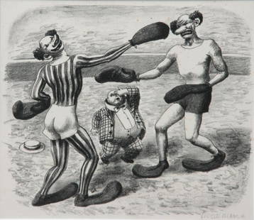 Lucile Blanch (1885-1981): Clowns Boxing, c. 1935, Lithograph, 10" x 11" (image), SLR, Framed. Artist taught at Ringling School, Sarasota, FL.