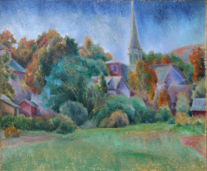 Konrad Cramer (1888-1963): Church in Autumn, c. 1925, Oil on Canvas, 20" x 24", Estate Stamp LR, Framed. Provenance: Estate of Aileen Cramer.