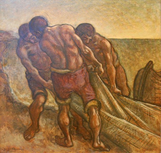 Genero Guilliani (20th Century): Hauling Nets, Oil on Canvas, 1967, 25" x 25", SLL, Framed.