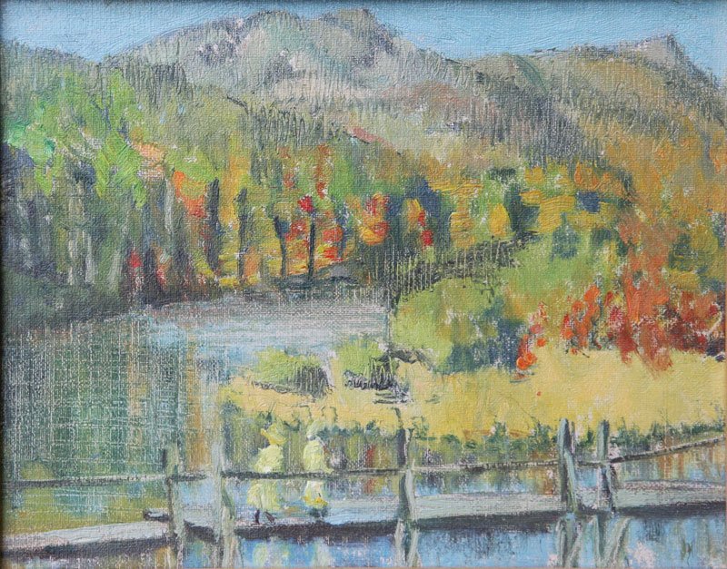 Katharine Patton (1886-1941): Autumn Bridge, C. 1925, Oil on Canvas, 8" x 10", NA, Framed. Newman Galleries, Philadelphia, label on verso.